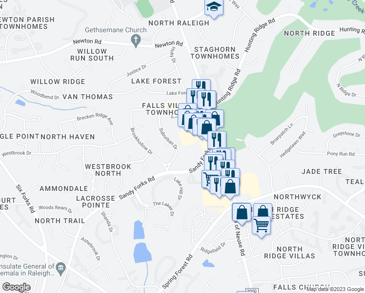 map of restaurants, bars, coffee shops, grocery stores, and more near 6516 Suburban Drive in Raleigh