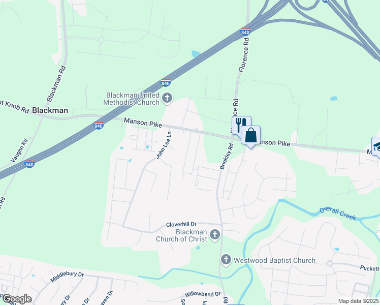 map of restaurants, bars, coffee shops, grocery stores, and more near 1752 Frodo Way in Murfreesboro