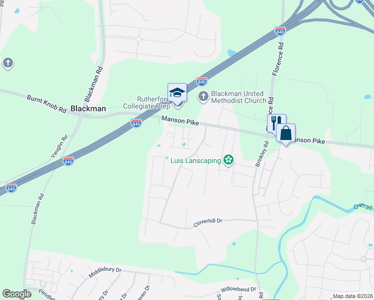 map of restaurants, bars, coffee shops, grocery stores, and more near 4423 Chusto Drive in Murfreesboro