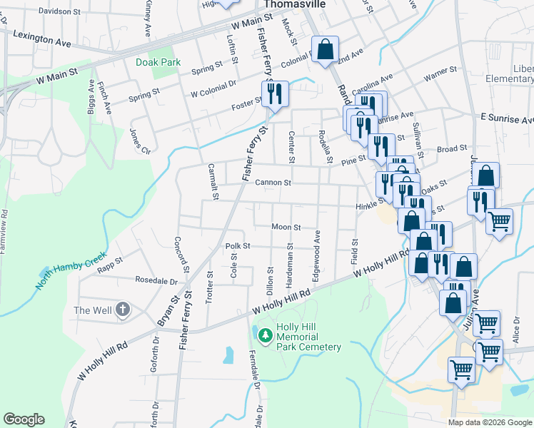 map of restaurants, bars, coffee shops, grocery stores, and more near 506 Dillon Street in Thomasville