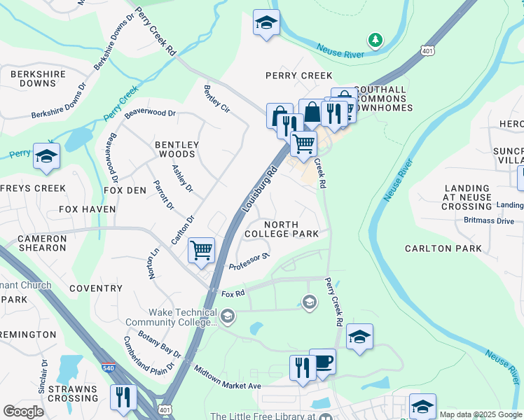 map of restaurants, bars, coffee shops, grocery stores, and more near 7204 Harnett Drive in Raleigh