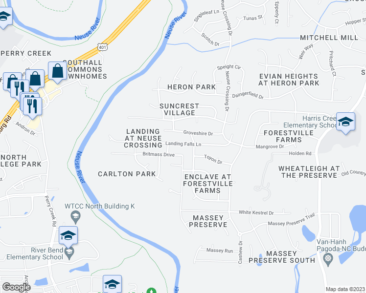 map of restaurants, bars, coffee shops, grocery stores, and more near 3152 Landing Falls Lane in Raleigh