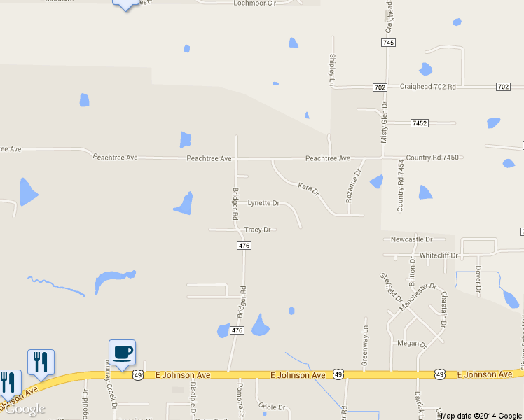 map of restaurants, bars, coffee shops, grocery stores, and more near 5007 Lynette Drive in Jonesboro