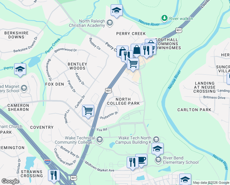 map of restaurants, bars, coffee shops, grocery stores, and more near 7209 Harnett Drive in Raleigh