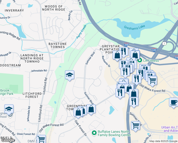map of restaurants, bars, coffee shops, grocery stores, and more near 2641 Sumner Boulevard in Raleigh