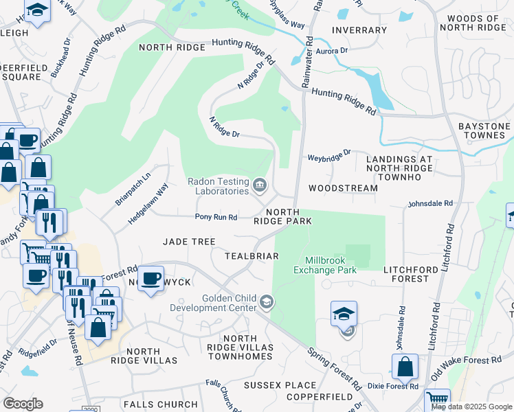map of restaurants, bars, coffee shops, grocery stores, and more near 6844 Greystone Drive in Raleigh