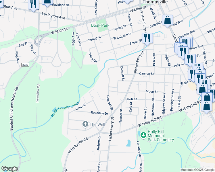 map of restaurants, bars, coffee shops, grocery stores, and more near 508 Concord Street in Thomasville