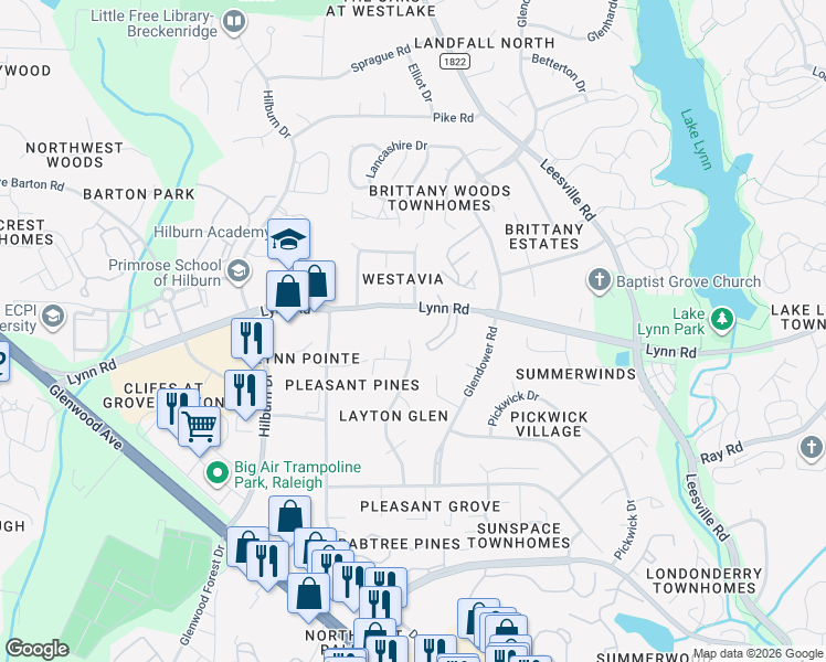 map of restaurants, bars, coffee shops, grocery stores, and more near 6736 Hammersmith Drive in Raleigh