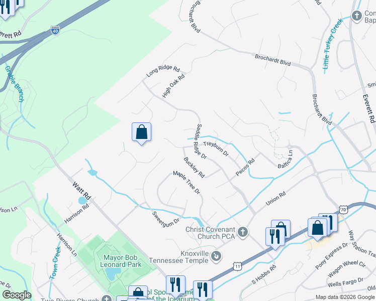 map of restaurants, bars, coffee shops, grocery stores, and more near 408 Treyburn Drive in Knoxville