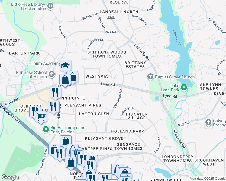 map of restaurants, bars, coffee shops, grocery stores, and more near 6732 Queen Annes Drive in Raleigh