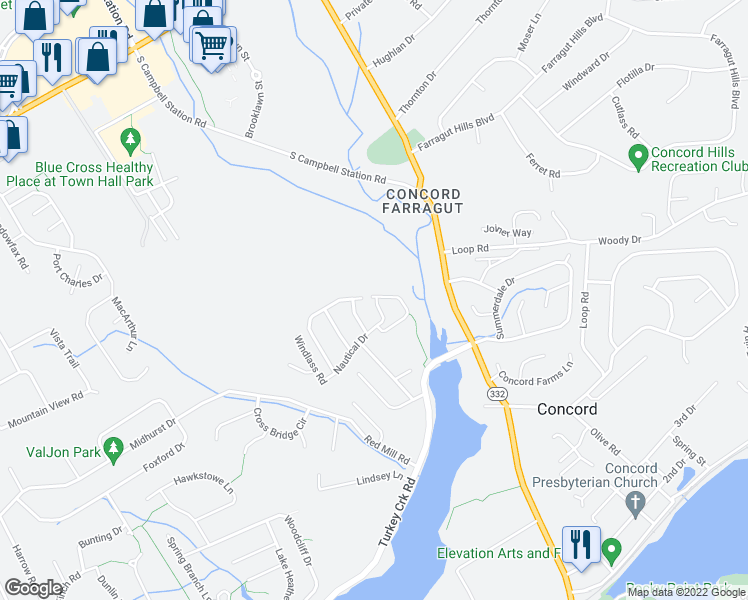 map of restaurants, bars, coffee shops, grocery stores, and more near 11105 Anchorage Circle in Knoxville
