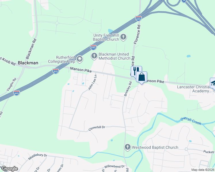 map of restaurants, bars, coffee shops, grocery stores, and more near 1752 Frodo Way in Murfreesboro