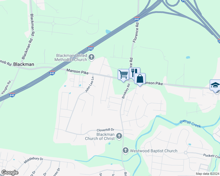 map of restaurants, bars, coffee shops, grocery stores, and more near 1752 Frodo Way in Murfreesboro