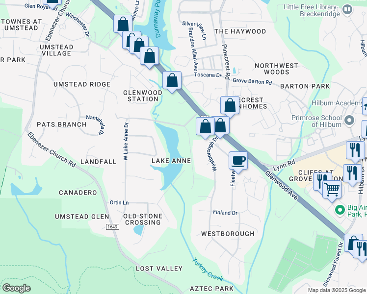 map of restaurants, bars, coffee shops, grocery stores, and more near 6417 East Lake Anne Drive in Raleigh