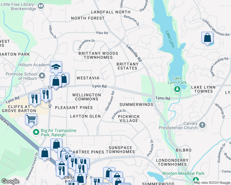 map of restaurants, bars, coffee shops, grocery stores, and more near 6716 Glendower Road in Raleigh