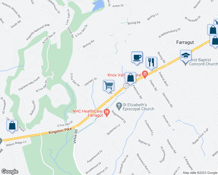 map of restaurants, bars, coffee shops, grocery stores, and more near 136 Smith Road in Knoxville