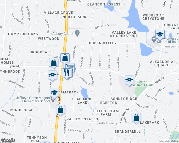 map of restaurants, bars, coffee shops, grocery stores, and more near 6525 Dresden Ln in Raleigh