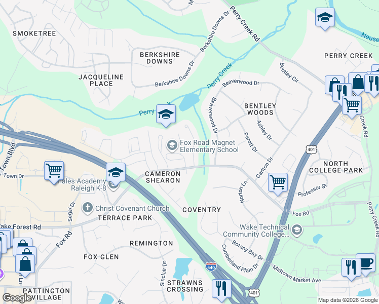 map of restaurants, bars, coffee shops, grocery stores, and more near 6919 Fox Haven Place in Raleigh