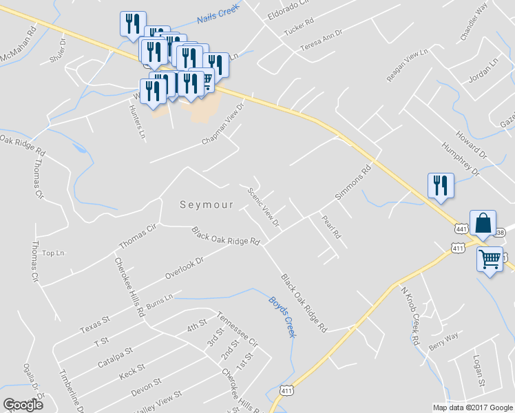 map of restaurants, bars, coffee shops, grocery stores, and more near 525 Scenic View Drive in Seymour