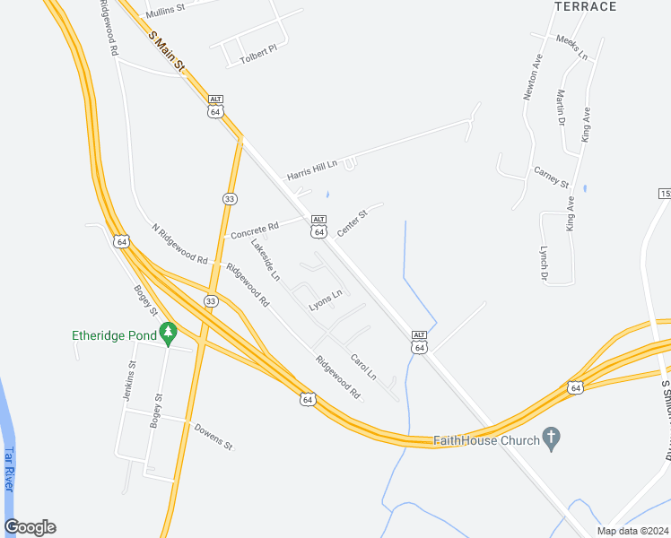 map of restaurants, bars, coffee shops, grocery stores, and more near 54 North Lucky Lane in Tarboro