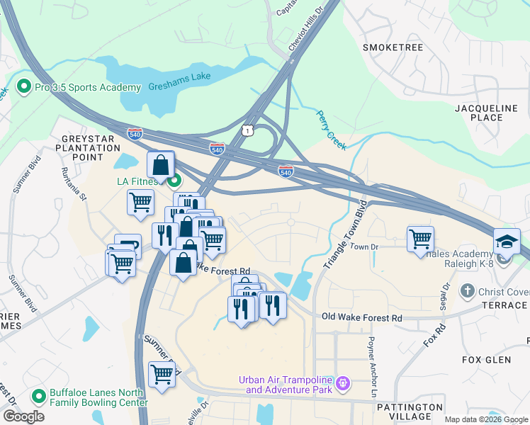 map of restaurants, bars, coffee shops, grocery stores, and more near Capital Boulevard in Wake