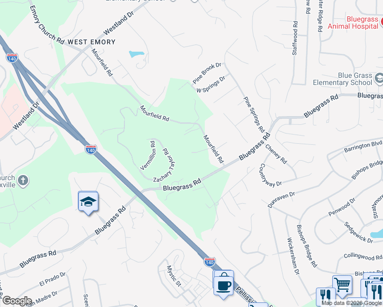 map of restaurants, bars, coffee shops, grocery stores, and more near 1507 Mourfield Road in Knoxville