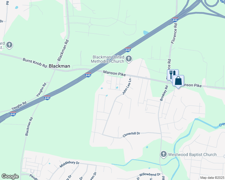map of restaurants, bars, coffee shops, grocery stores, and more near 4423 Chusto Drive in Murfreesboro