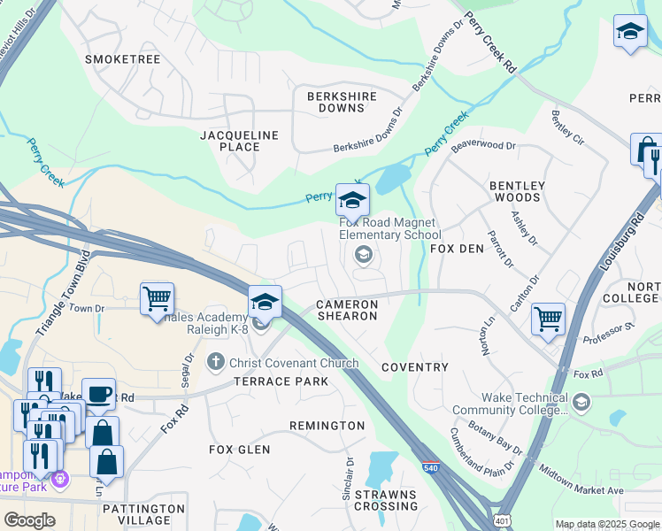 map of restaurants, bars, coffee shops, grocery stores, and more near 6930 Jeffreys Creek Lane in Raleigh