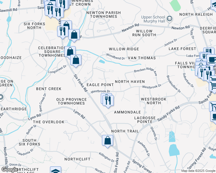map of restaurants, bars, coffee shops, grocery stores, and more near 6708 Miles Drive in Raleigh