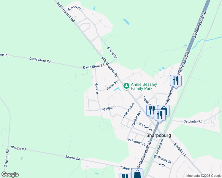 map of restaurants, bars, coffee shops, grocery stores, and more near 613 Judge Street in Rocky Mount