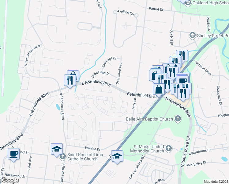 map of restaurants, bars, coffee shops, grocery stores, and more near 1535 Rochester Drive in Murfreesboro