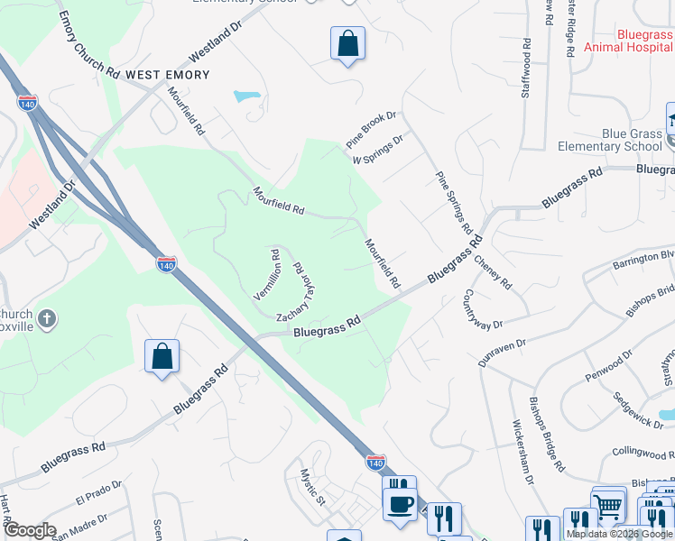 map of restaurants, bars, coffee shops, grocery stores, and more near 1507 Mourfield Road in Knoxville