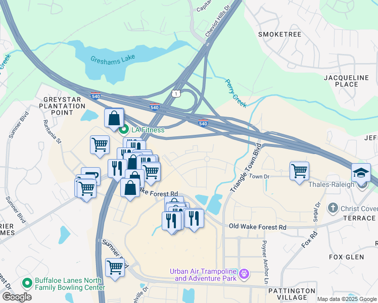 map of restaurants, bars, coffee shops, grocery stores, and more near Capital Boulevard in Wake
