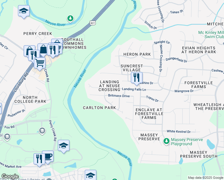 map of restaurants, bars, coffee shops, grocery stores, and more near 3024 Landing Falls Lane in Raleigh