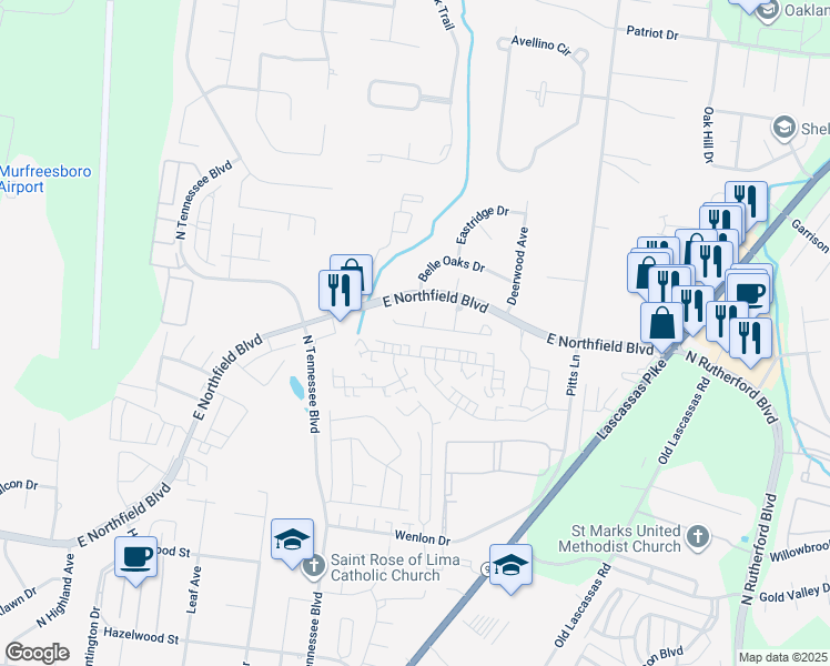 map of restaurants, bars, coffee shops, grocery stores, and more near 1444 Rochester Drive in Murfreesboro
