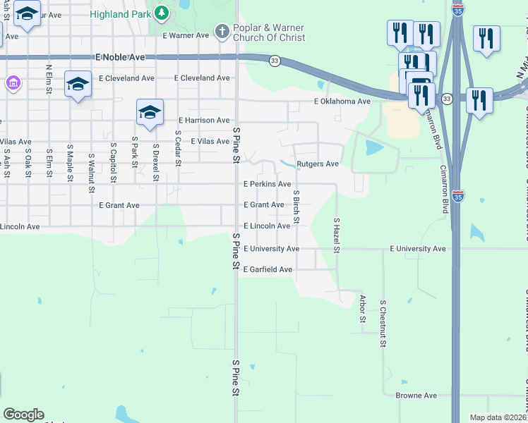 map of restaurants, bars, coffee shops, grocery stores, and more near 1609 East Grant Avenue in Guthrie