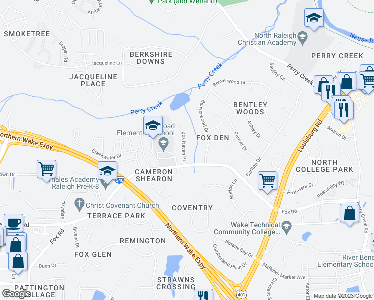 map of restaurants, bars, coffee shops, grocery stores, and more near 6920 Fox Haven Place in Raleigh