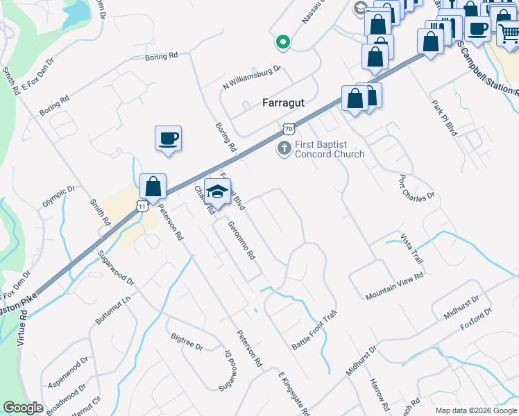map of restaurants, bars, coffee shops, grocery stores, and more near 205 Battery Hill Circle in Knoxville