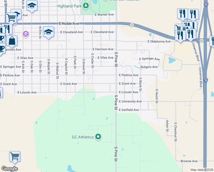 map of restaurants, bars, coffee shops, grocery stores, and more near 1401 East Grant Avenue in Guthrie