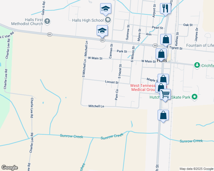 map of restaurants, bars, coffee shops, grocery stores, and more near 535 Locust St in Halls