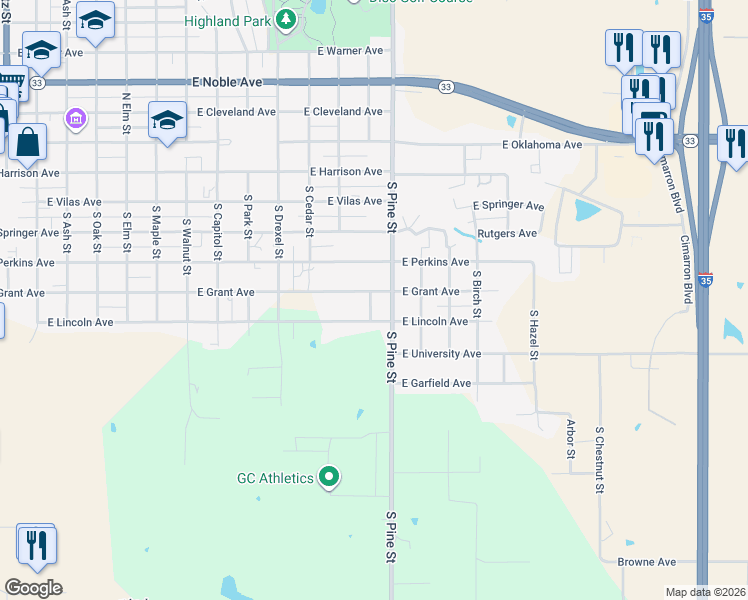 map of restaurants, bars, coffee shops, grocery stores, and more near 1401 East Grant Avenue in Guthrie