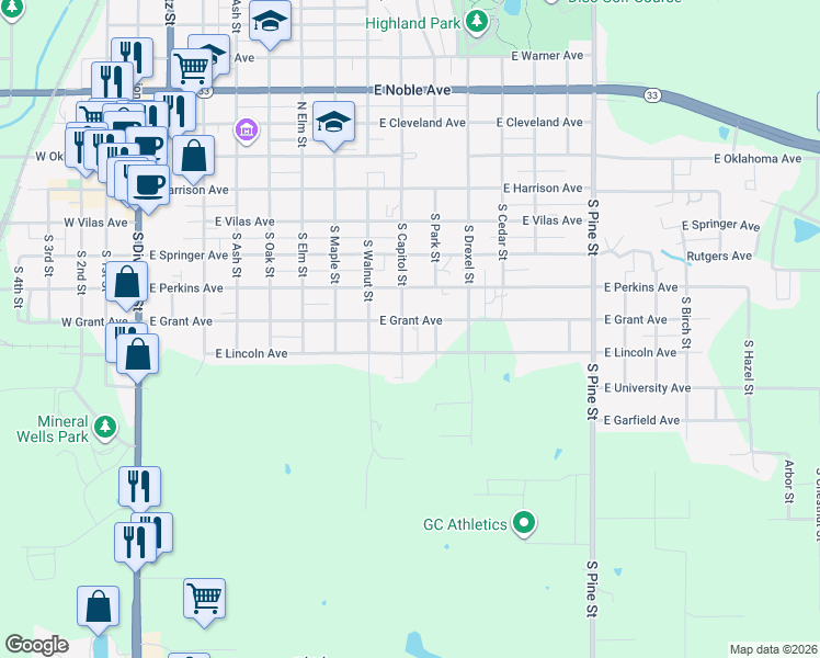 map of restaurants, bars, coffee shops, grocery stores, and more near 602 South Capitol Street in Guthrie