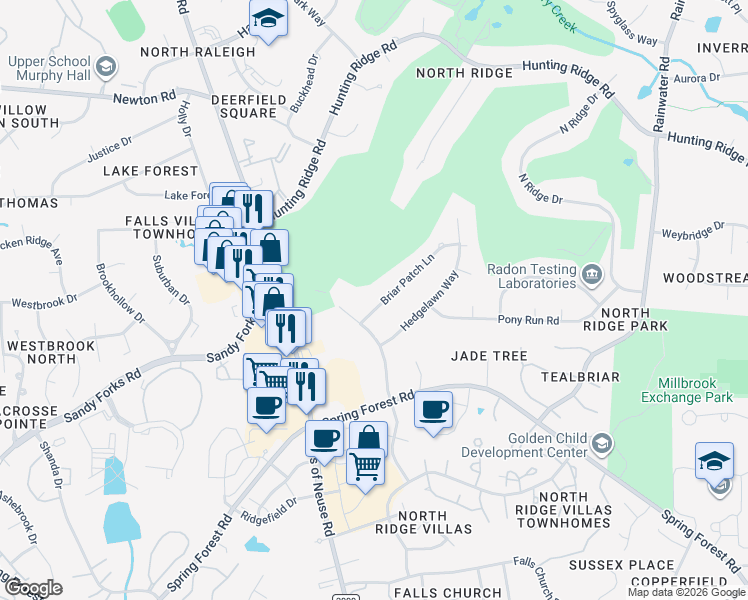 map of restaurants, bars, coffee shops, grocery stores, and more near 1209 Briarpatch Lane in Raleigh