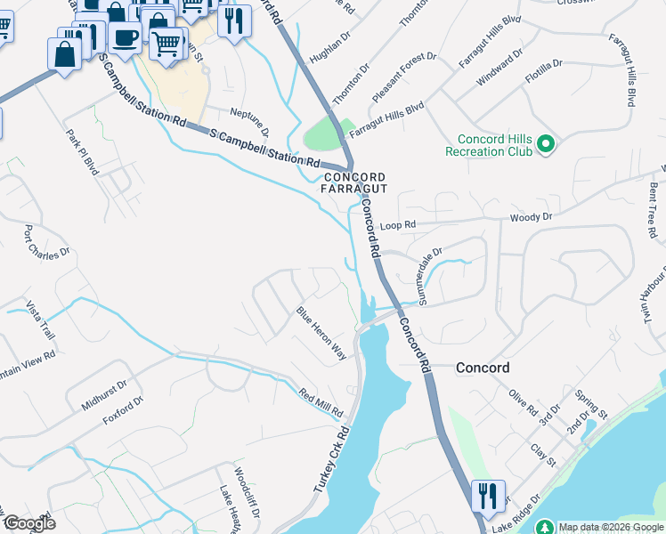 map of restaurants, bars, coffee shops, grocery stores, and more near 11009 Anchorage Circle in Knoxville