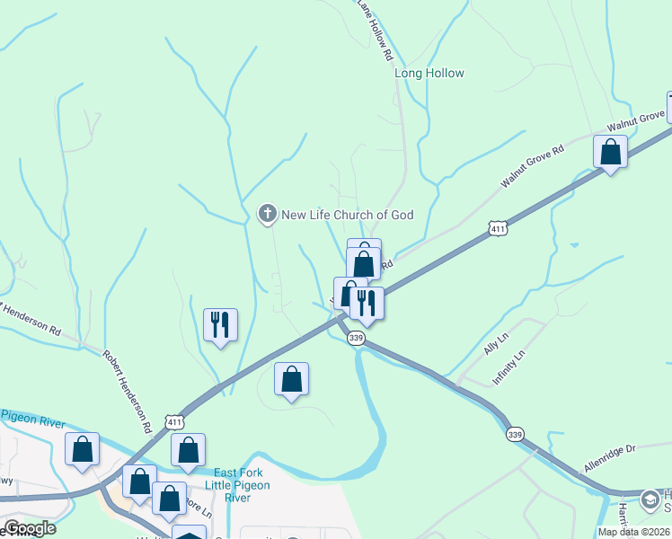 map of restaurants, bars, coffee shops, grocery stores, and more near 1713 Walnut Grove Road in Sevierville