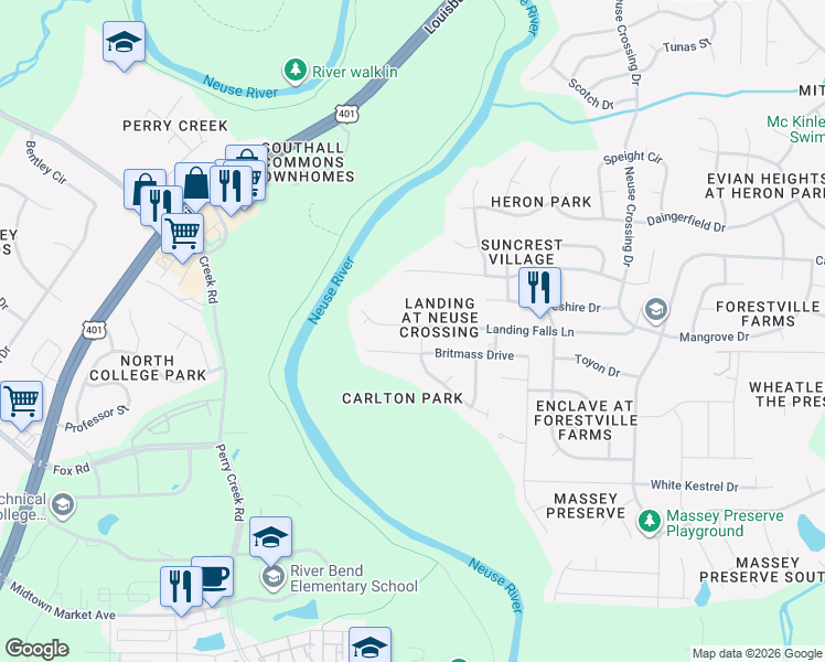 map of restaurants, bars, coffee shops, grocery stores, and more near 2956 Landing Falls Lane in Raleigh