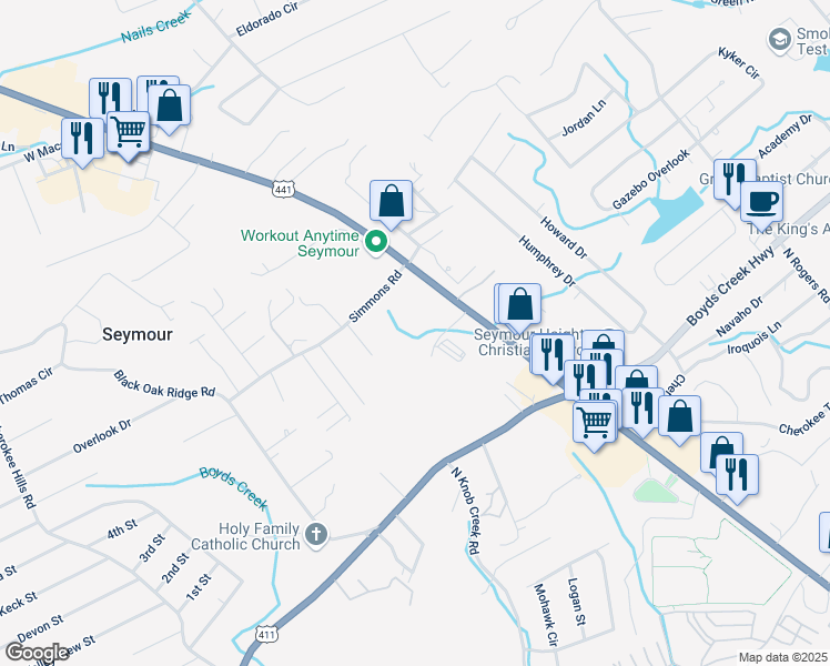 map of restaurants, bars, coffee shops, grocery stores, and more near 11103 Chapman Highway in Seymour