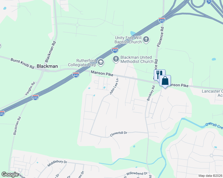 map of restaurants, bars, coffee shops, grocery stores, and more near 1735 John Lee Lane in Murfreesboro