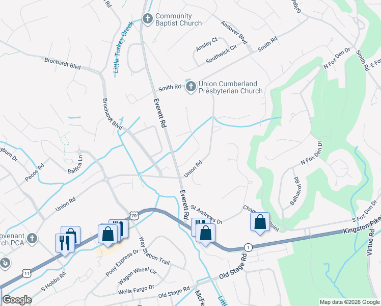 map of restaurants, bars, coffee shops, grocery stores, and more near 12520 Camdenbridge Drive in Knoxville