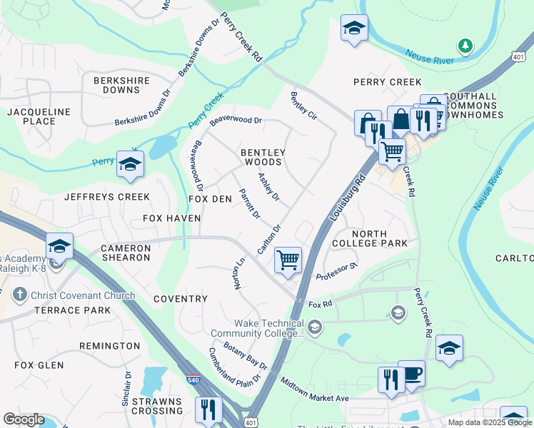 map of restaurants, bars, coffee shops, grocery stores, and more near 7208 Parrott Drive in Raleigh